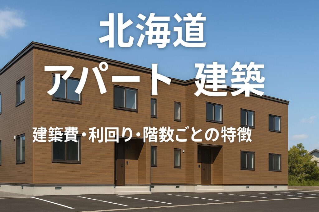 「北海道の新築アパート外観。木目調の2階建て木造アパートが青空の下に建ち並び、手前には舗装された駐車場が広がっている。画像上には『北海道 アパート 建築』『建築費・利回り・階数ごとの特徴』と大きく白い文字で表示されている。」