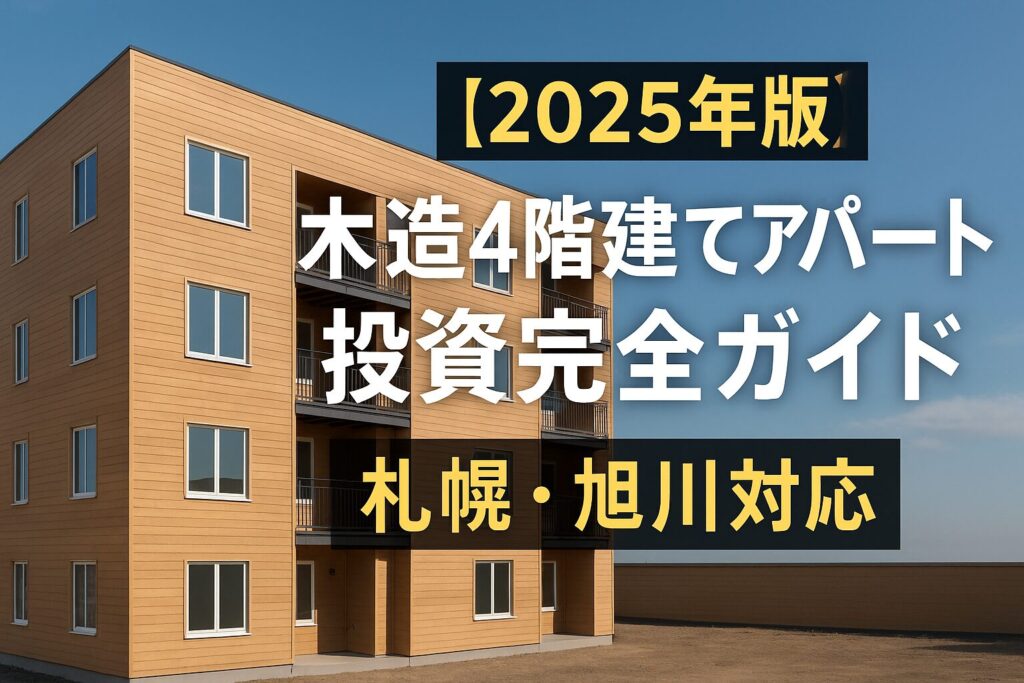「木造4階建ての明るい茶色のアパートの外観写真に、2025年版・木造4階建てアパート投資完全ガイド・札幌・旭川対応」と大きく日本語で書かれた横長のアイキャッチ画像。青空と木の質感が印象的。