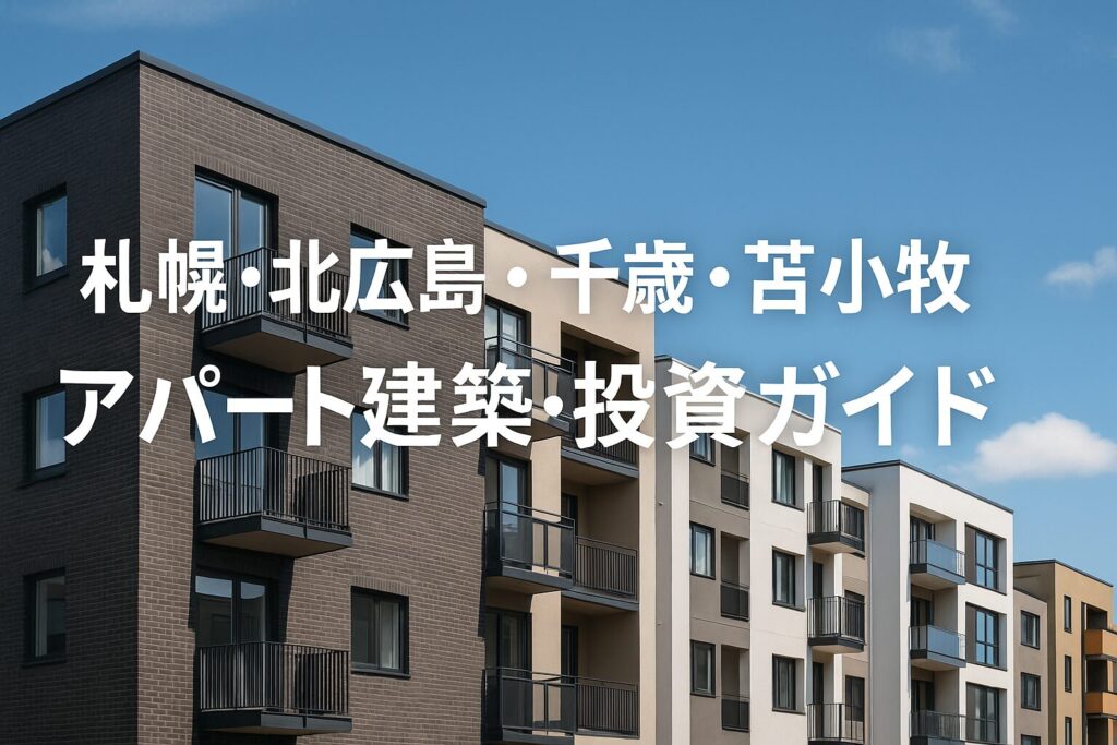 「青空の下に並ぶ現代的なアパート建築の外観。中央に『札幌・北広島・千歳・苫小牧 アパート建築・投資ガイド』という日本語の白文字タイトルが重ねられている。」