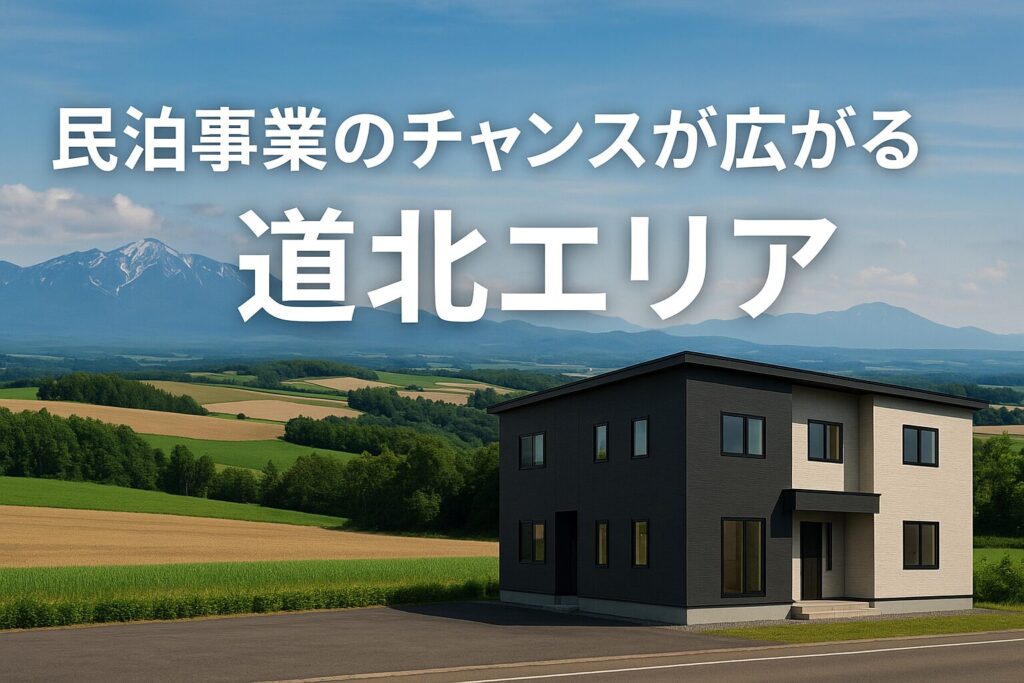 北海道道北エリアの広大な田園風景と遠くにそびえる雪山を背景に、黒と白の外壁で構成されたモダンな二階建て住宅が立つ。上部には「民泊事業のチャンスが広がる 道北エリア」の日本語テキストが大きく表示されている。
