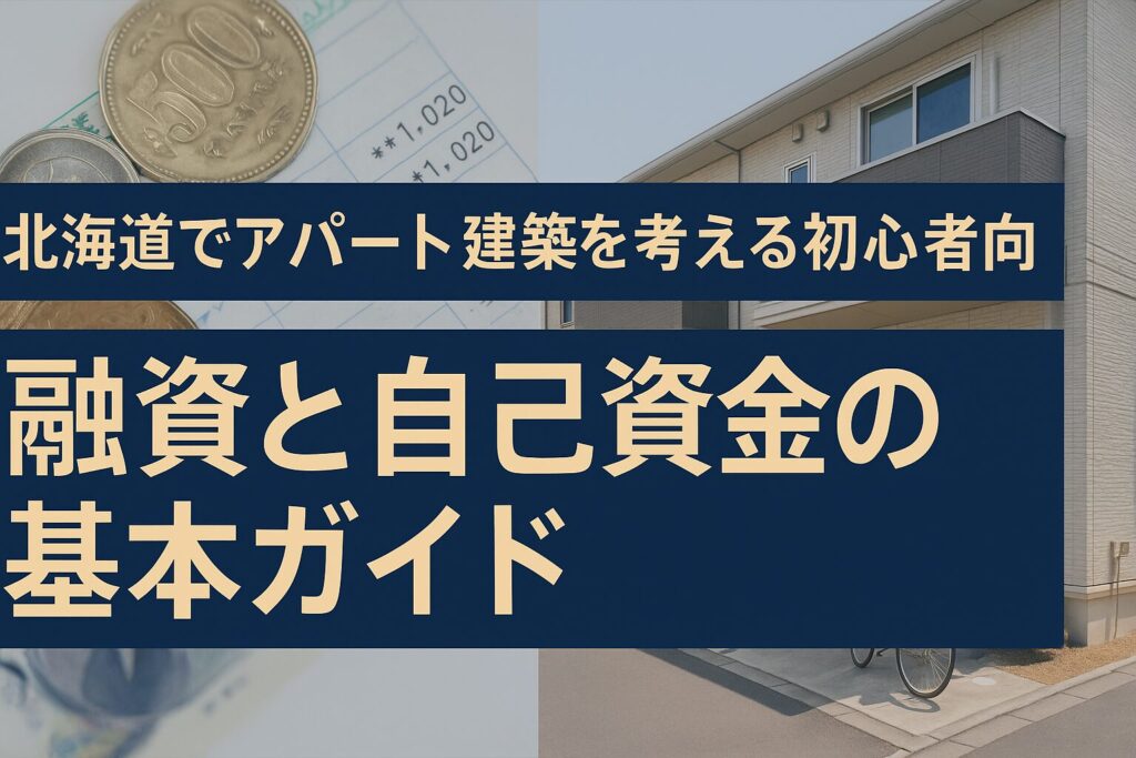 「北海道でアパート建築を考える初心者向けのガイド。左側に通帳と500円硬貨、右側に新築アパートの外観があり、“融資と自己資金の基本ガイド”と大きく書かれている横長のバナー画像」