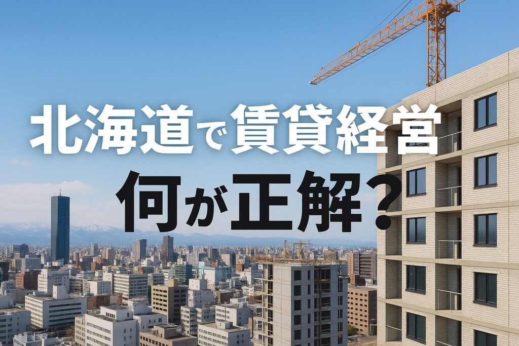 「北海道の賃貸経営をテーマにしたビジネス向けアイキャッチ画像。札幌の都市風景と木造アパートが並び、投資計画や不動産収支を象徴するグラフや電卓も配置された構成」
