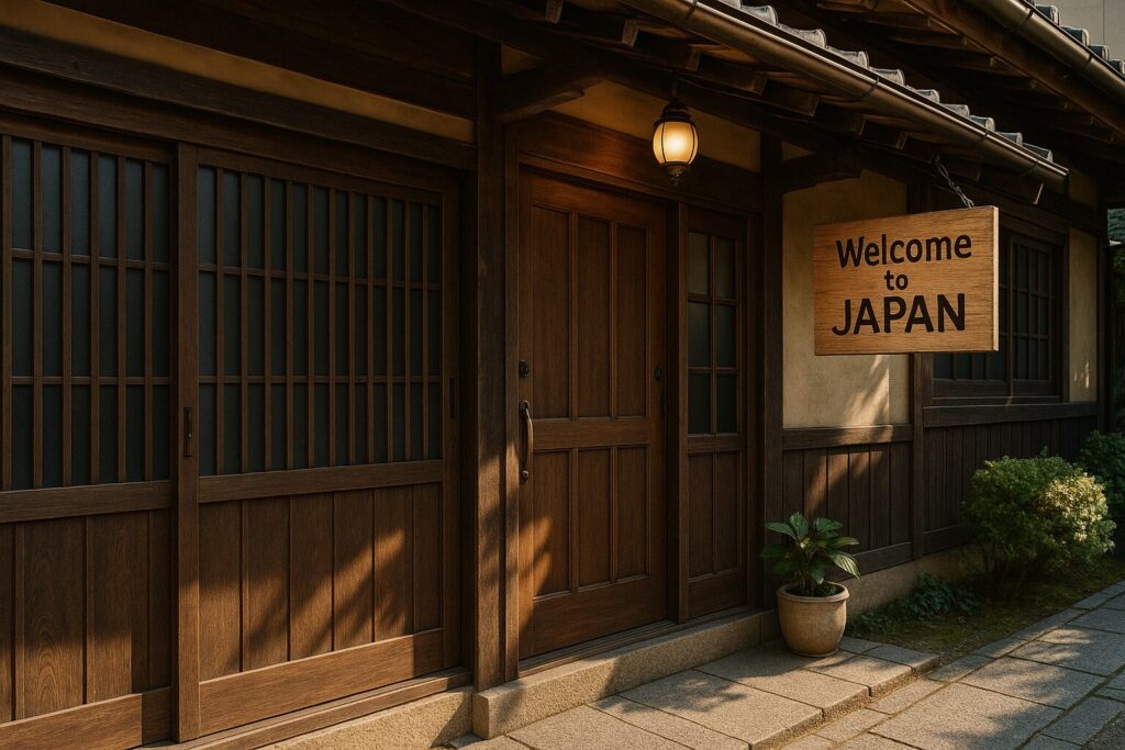 「和風の木造戸建て住宅の玄関に“Welcome to JAPAN”と書かれた木製看板が掛かっている民泊施設の外観」
