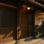 「和風の木造戸建て住宅の玄関に“Welcome to JAPAN”と書かれた木製看板が掛かっている民泊施設の外観」